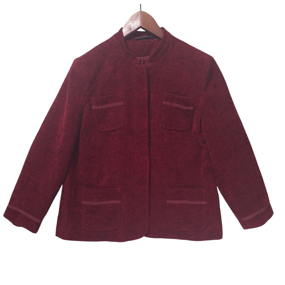 Amber Sun Burgundy Corduroy Snap Front Blazer Women L 3/4 Sleeve Textured Jacket